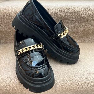 Forever 21 Black Glossy Loafers with Gold Accent